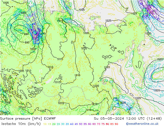 Isotachs (kph) ECMWF dim 05.05.2024 12 UTC