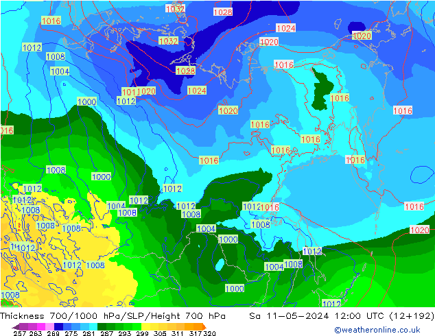 Thck 700-1000 гПа ECMWF сб 11.05.2024 12 UTC