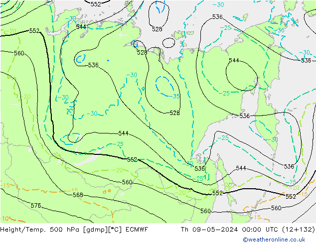 Z500/Rain (+SLP)/Z850 ECMWF czw. 09.05.2024 00 UTC