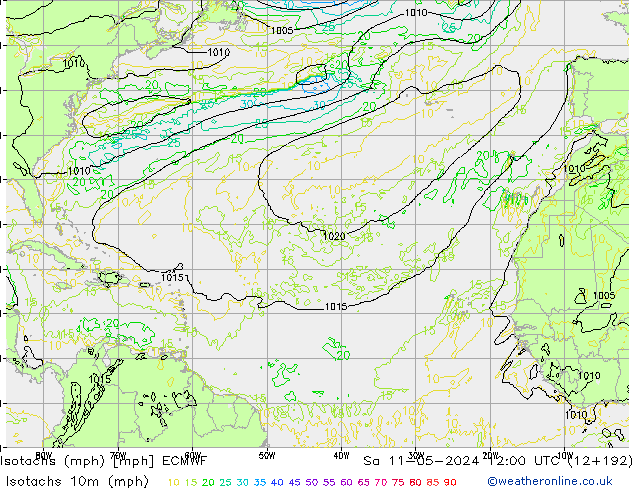 Isotachs (mph) ECMWF Sáb 11.05.2024 12 UTC