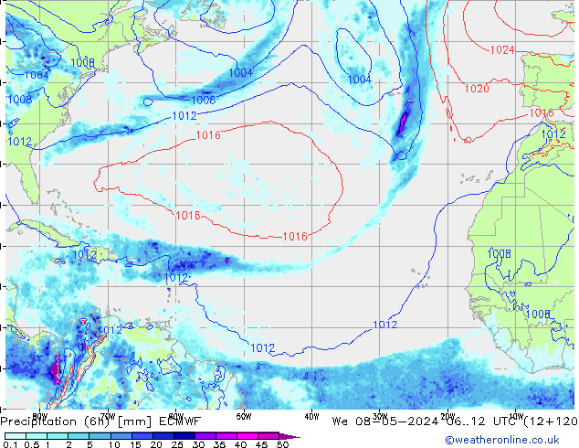 Z500/Rain (+SLP)/Z850 ECMWF Qua 08.05.2024 12 UTC