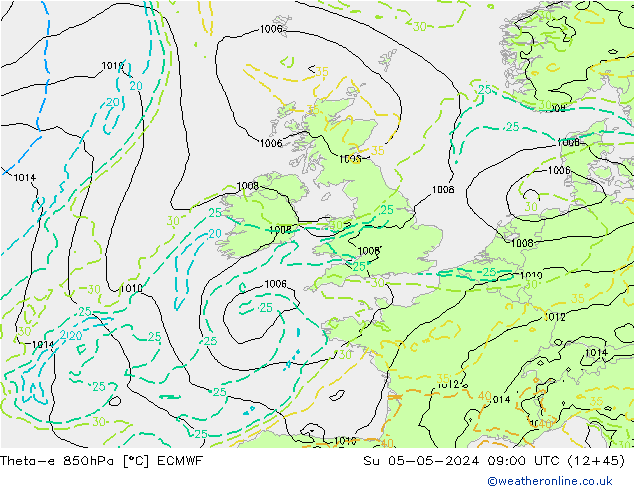 Theta-e 850hPa ECMWF So 05.05.2024 09 UTC