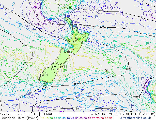 Isotachs (kph) ECMWF  07.05.2024 18 UTC