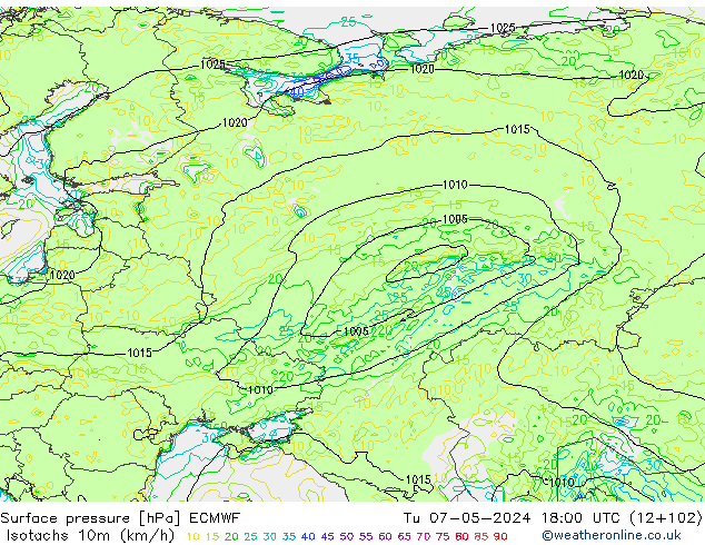 Isotachs (kph) ECMWF Ter 07.05.2024 18 UTC