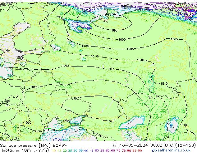 Isotachs (kph) ECMWF Pá 10.05.2024 00 UTC