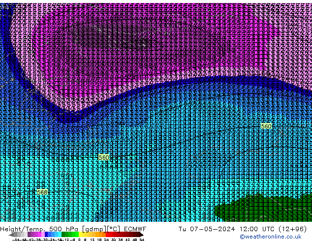 Z500/Rain (+SLP)/Z850 ECMWF wto. 07.05.2024 12 UTC