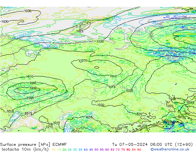 Izotacha (km/godz) ECMWF wto. 07.05.2024 06 UTC