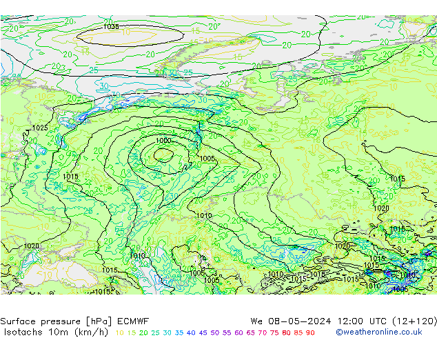 Isotachs (kph) ECMWF St 08.05.2024 12 UTC