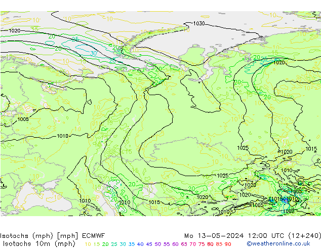 Isotachen (mph) ECMWF Mo 13.05.2024 12 UTC