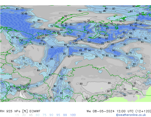 RH 925 hPa ECMWF mer 08.05.2024 12 UTC