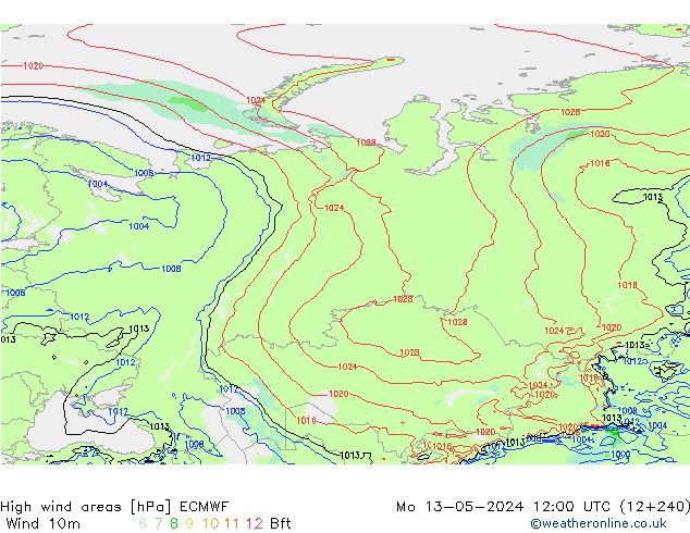 High wind areas ECMWF Mo 13.05.2024 12 UTC