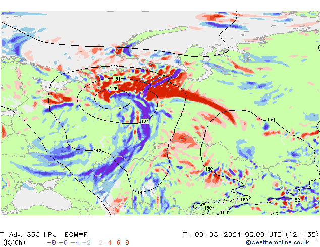 T-Adv. 850 hPa ECMWF Qui 09.05.2024 00 UTC