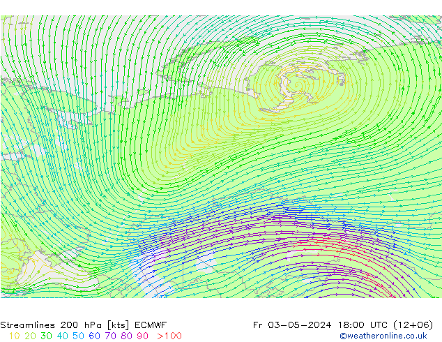 Linia prądu 200 hPa ECMWF pt. 03.05.2024 18 UTC