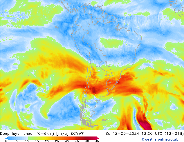 Deep layer shear (0-6km) ECMWF Ne 12.05.2024 12 UTC