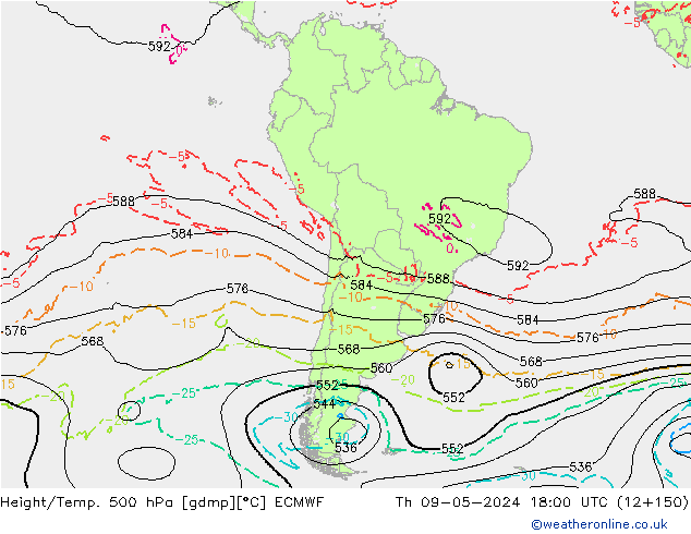 Z500/Rain (+SLP)/Z850 ECMWF Čt 09.05.2024 18 UTC