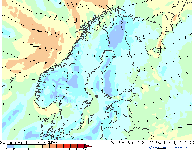 Surface wind (bft) ECMWF We 08.05.2024 12 UTC