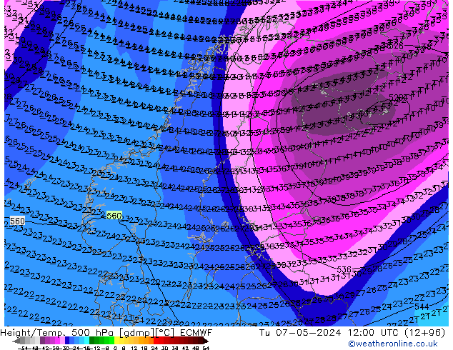 Z500/Rain (+SLP)/Z850 ECMWF Tu 07.05.2024 12 UTC