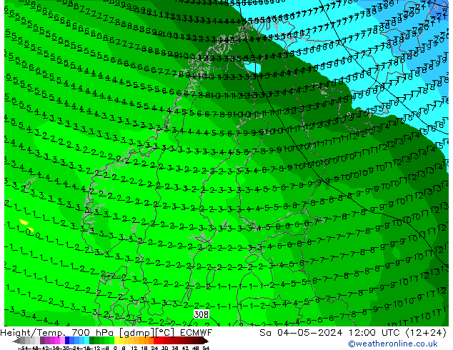 Height/Temp. 700 hPa ECMWF So 04.05.2024 12 UTC