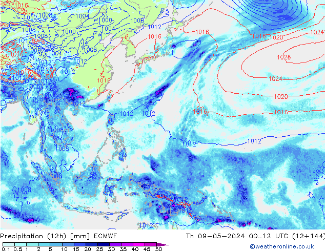 Precipitation (12h) ECMWF Čt 09.05.2024 12 UTC