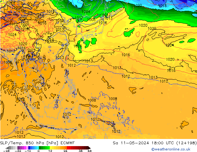 SLP/Temp. 850 hPa ECMWF Sáb 11.05.2024 18 UTC