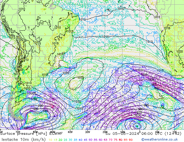 Isotachs (kph) ECMWF Su 05.05.2024 06 UTC