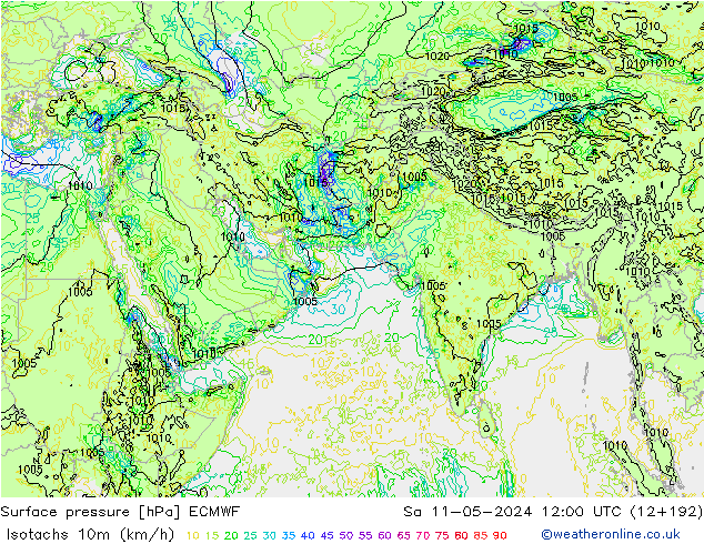 Isotachen (km/h) ECMWF za 11.05.2024 12 UTC