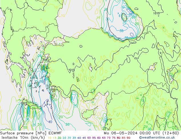 Isotachs (kph) ECMWF lun 06.05.2024 00 UTC