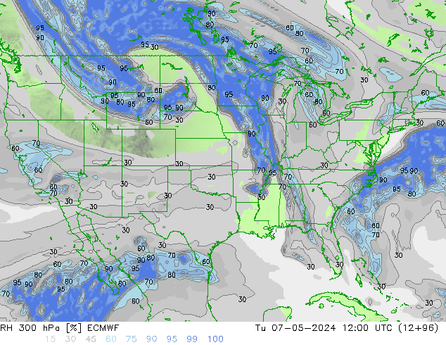 RH 300 гПа ECMWF вт 07.05.2024 12 UTC