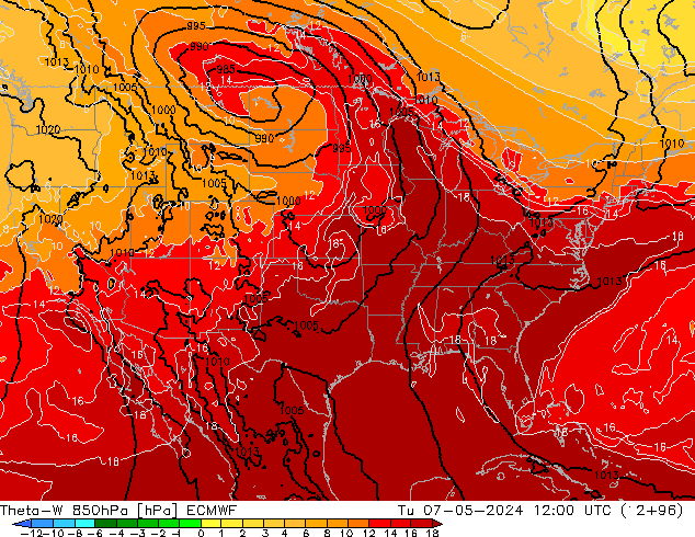 Theta-W 850гПа ECMWF вт 07.05.2024 12 UTC