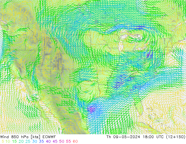 Vento 850 hPa ECMWF Qui 09.05.2024 18 UTC