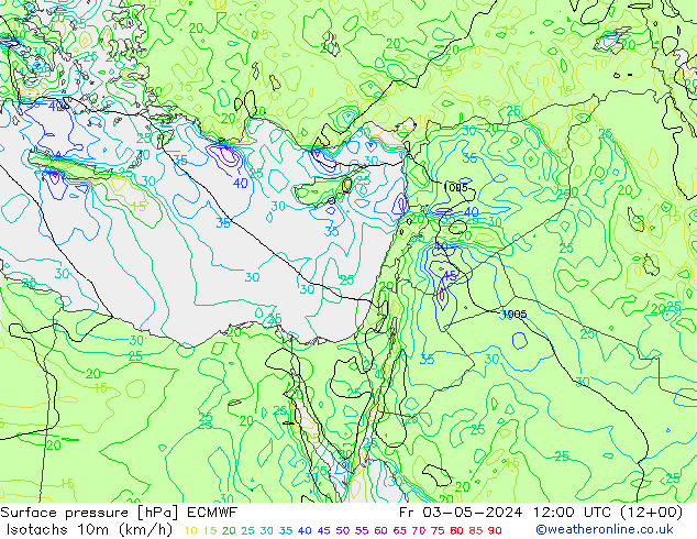 Isotachen (km/h) ECMWF vr 03.05.2024 12 UTC