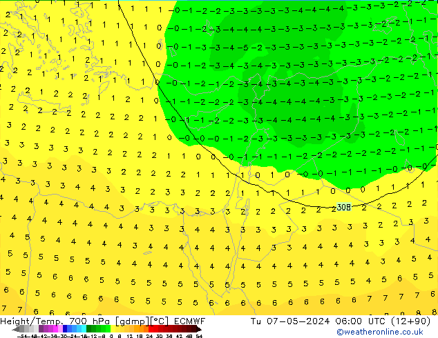 Height/Temp. 700 hPa ECMWF wto. 07.05.2024 06 UTC