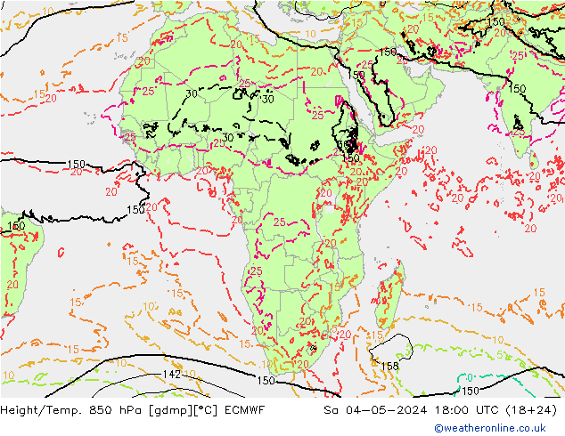 Geop./Temp. 850 hPa ECMWF sáb 04.05.2024 18 UTC