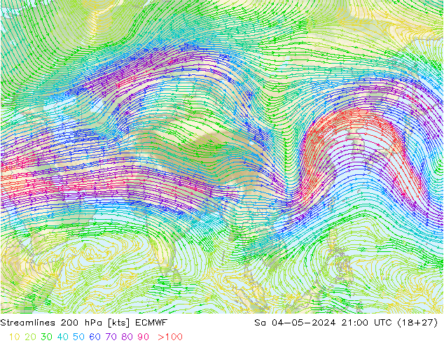 Linea di flusso 200 hPa ECMWF sab 04.05.2024 21 UTC