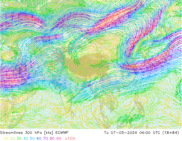 Streamlines 300 hPa ECMWF Út 07.05.2024 06 UTC