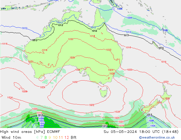 High wind areas ECMWF Вс 05.05.2024 18 UTC