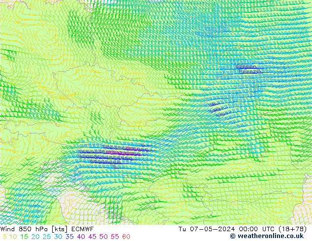 Wind 850 hPa ECMWF Tu 07.05.2024 00 UTC