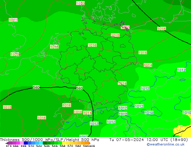 Schichtdicke 500-1000 hPa ECMWF Di 07.05.2024 12 UTC