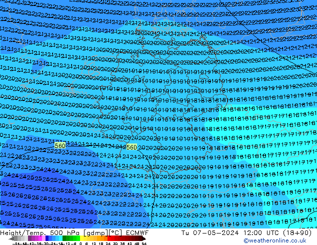 Z500/Yağmur (+YB)/Z850 ECMWF Sa 07.05.2024 12 UTC