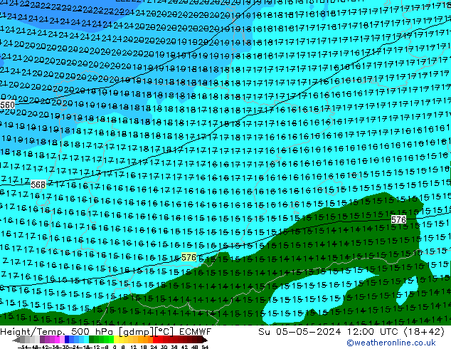 Z500/Yağmur (+YB)/Z850 ECMWF Paz 05.05.2024 12 UTC