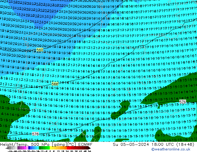 Hoogte/Temp. 500 hPa ECMWF zo 05.05.2024 18 UTC