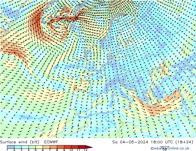 Surface wind (bft) ECMWF So 04.05.2024 18 UTC