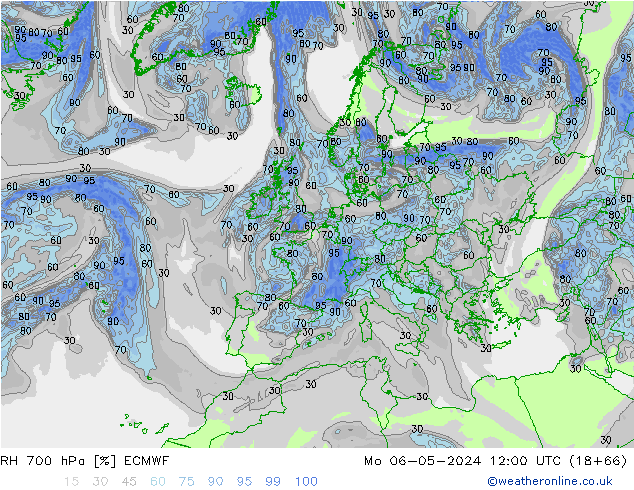 RH 700 hPa ECMWF pon. 06.05.2024 12 UTC