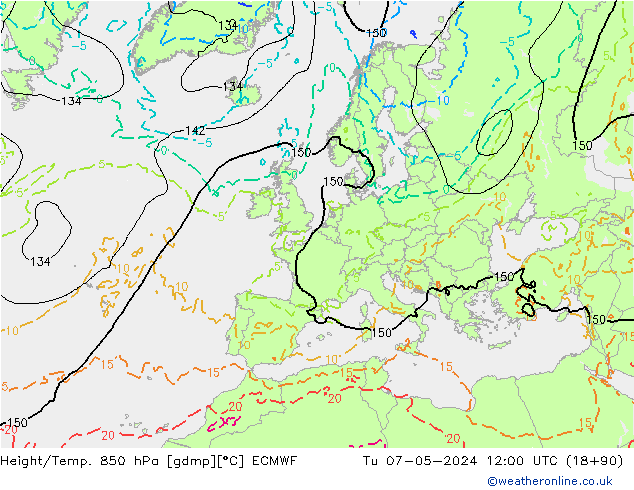Height/Temp. 850 hPa ECMWF Di 07.05.2024 12 UTC