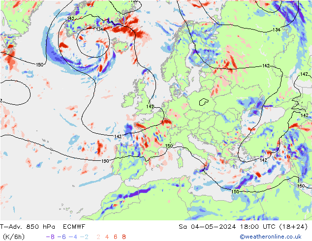 T-Adv. 850 hPa ECMWF Sa 04.05.2024 18 UTC