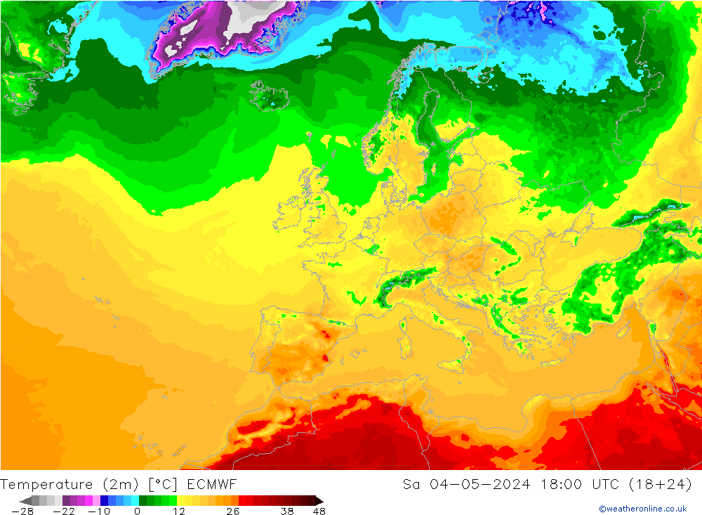 Temperatuurkaart (2m) ECMWF za 04.05.2024 18 UTC