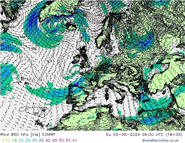 Wind 850 hPa ECMWF Su 05.05.2024 06 UTC