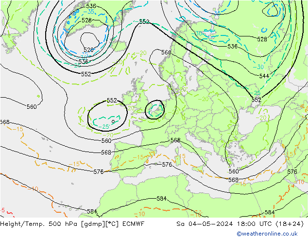 Z500/Rain (+SLP)/Z850 ECMWF 星期六 04.05.2024 18 UTC