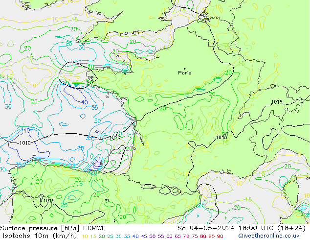 Isotachs (kph) ECMWF сб 04.05.2024 18 UTC