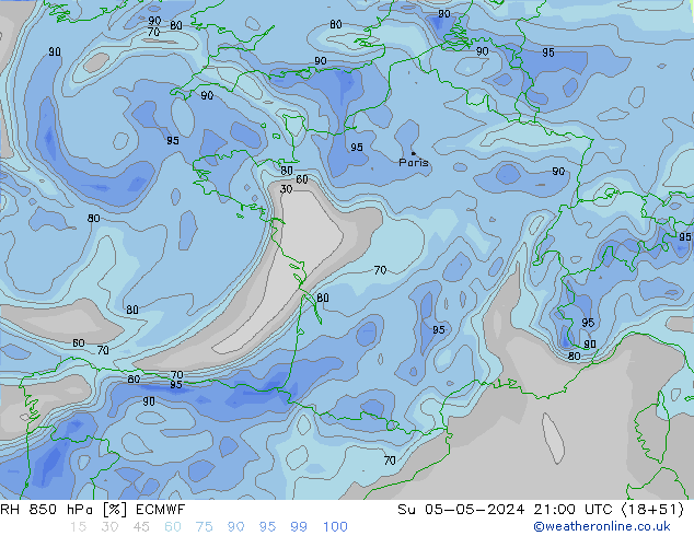 Humidité rel. 850 hPa ECMWF dim 05.05.2024 21 UTC